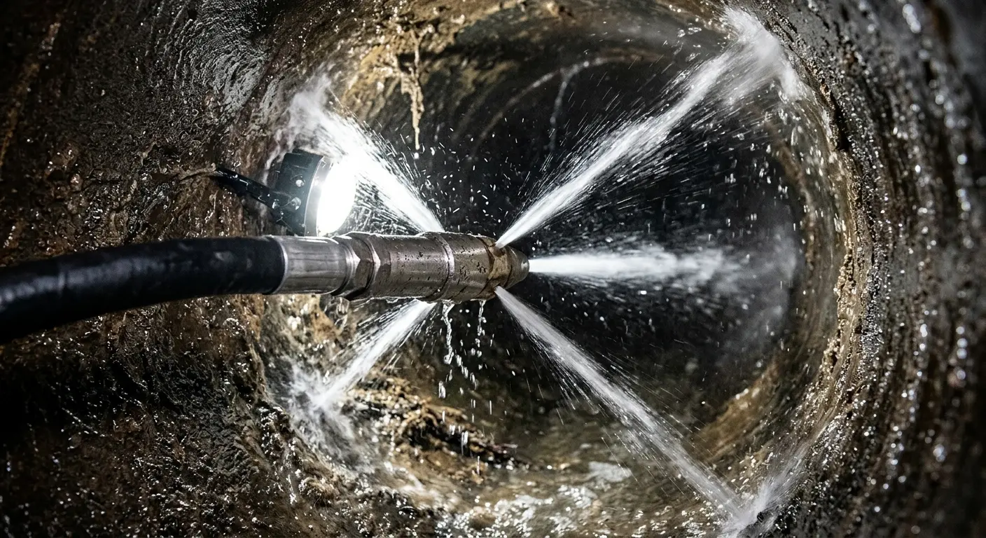 High-pressure hydro jetting nozzle cleaning sewer pipe for Emergency Drain Service in Satellite Beach