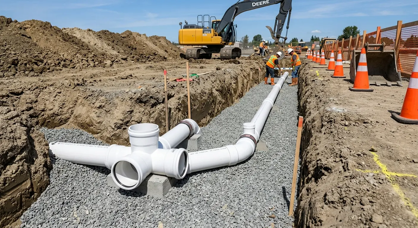 New PVC sewer pipe installation in open trench for Grease Trap Cleaning in Satellite Beach