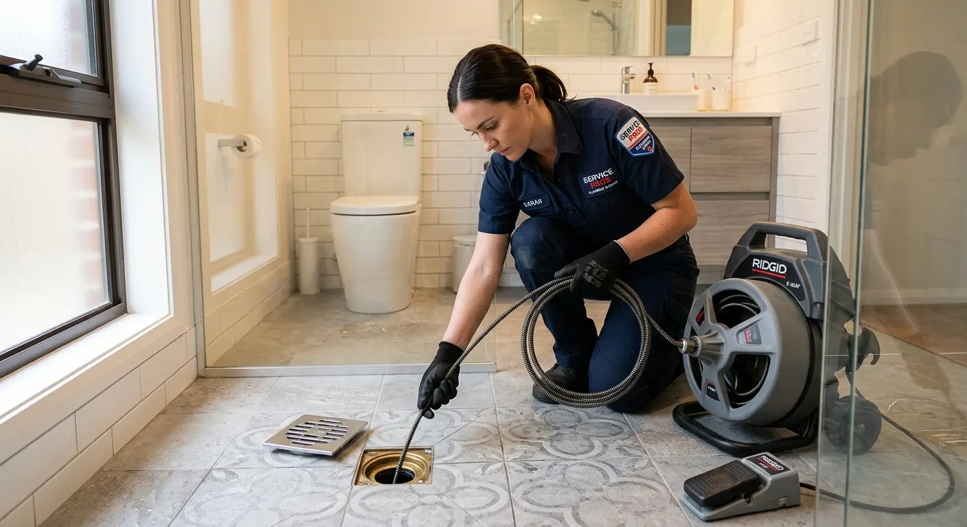 Technician clearing a bathroom floor drain for Drain Repair in Satellite Beach
